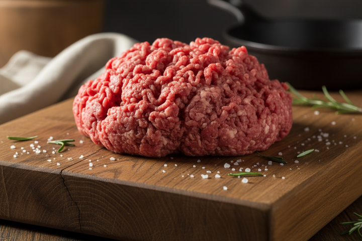 Ancestral Ground beef raw on butcher block
