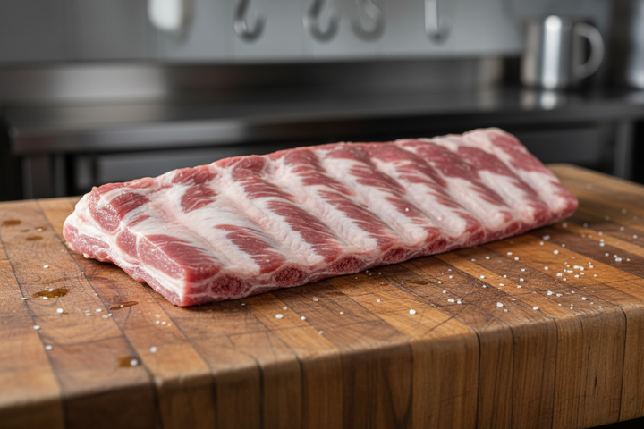 Back Ribs raw meat on butcher block