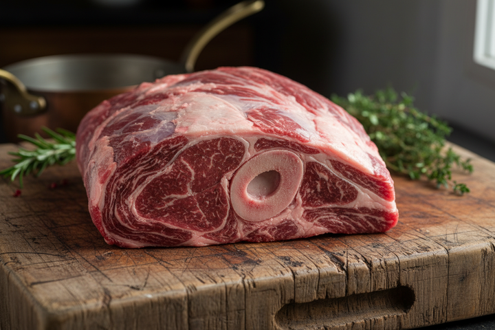 Bone In Chuck Arm Roast raw on butcher block