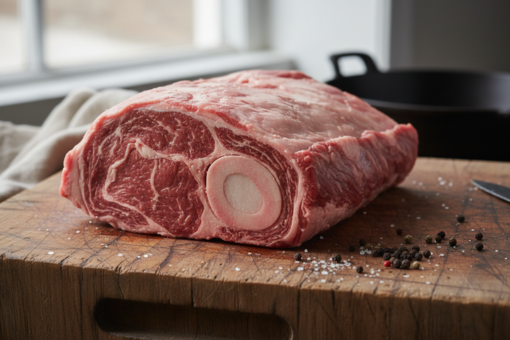 Bone In Chuck Roast raw on butcher block