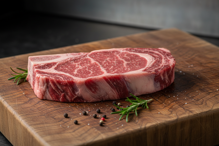 Bone-In Sirloin Steak raw on butcher block