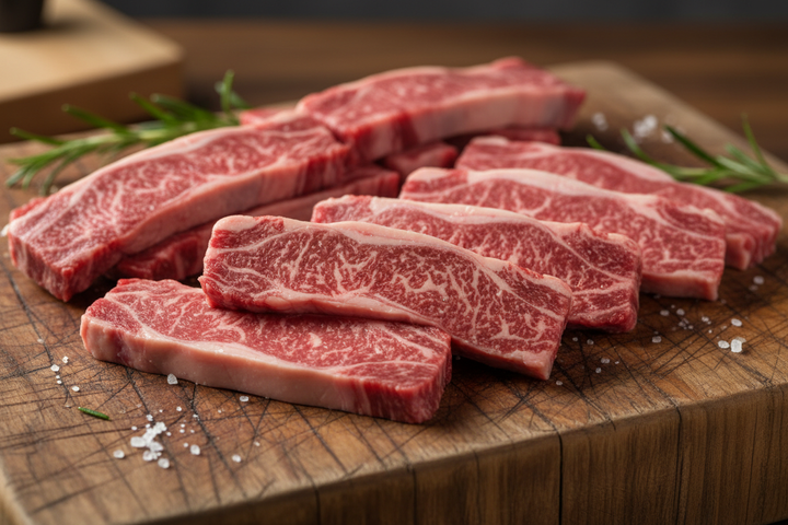 Boneless Flanken Style Ribs raw on a butcher block