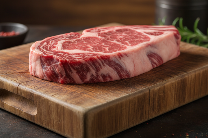 Boneless Ribeye Steak raw meat on butcher block