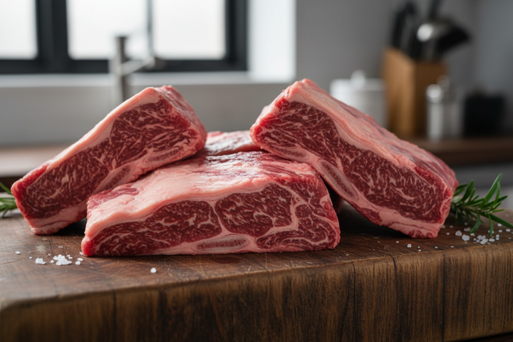 Boneless Short Ribs raw on a butcher block