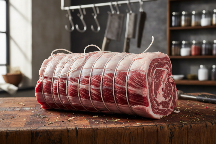 Chuck Roll meat cut with strings tying it raw on butcher block