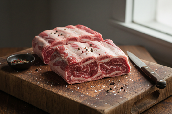 Chuck Short Ribs raw on butcher block