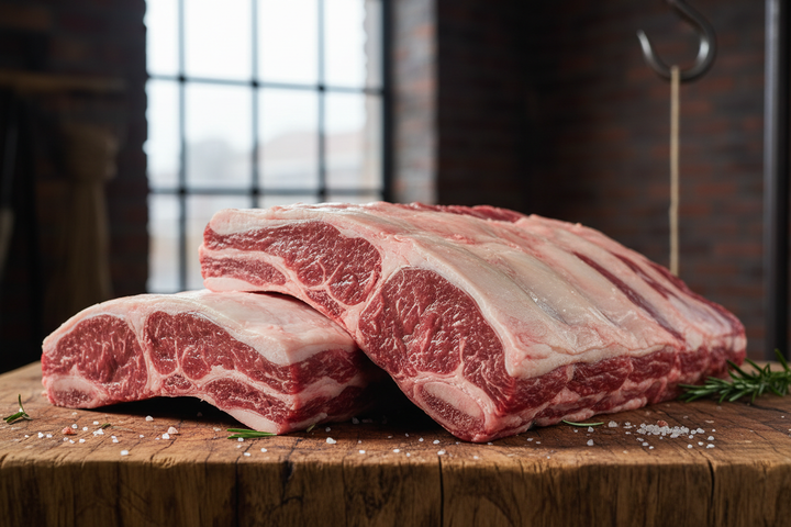 Dino Ribs raw on butcher block