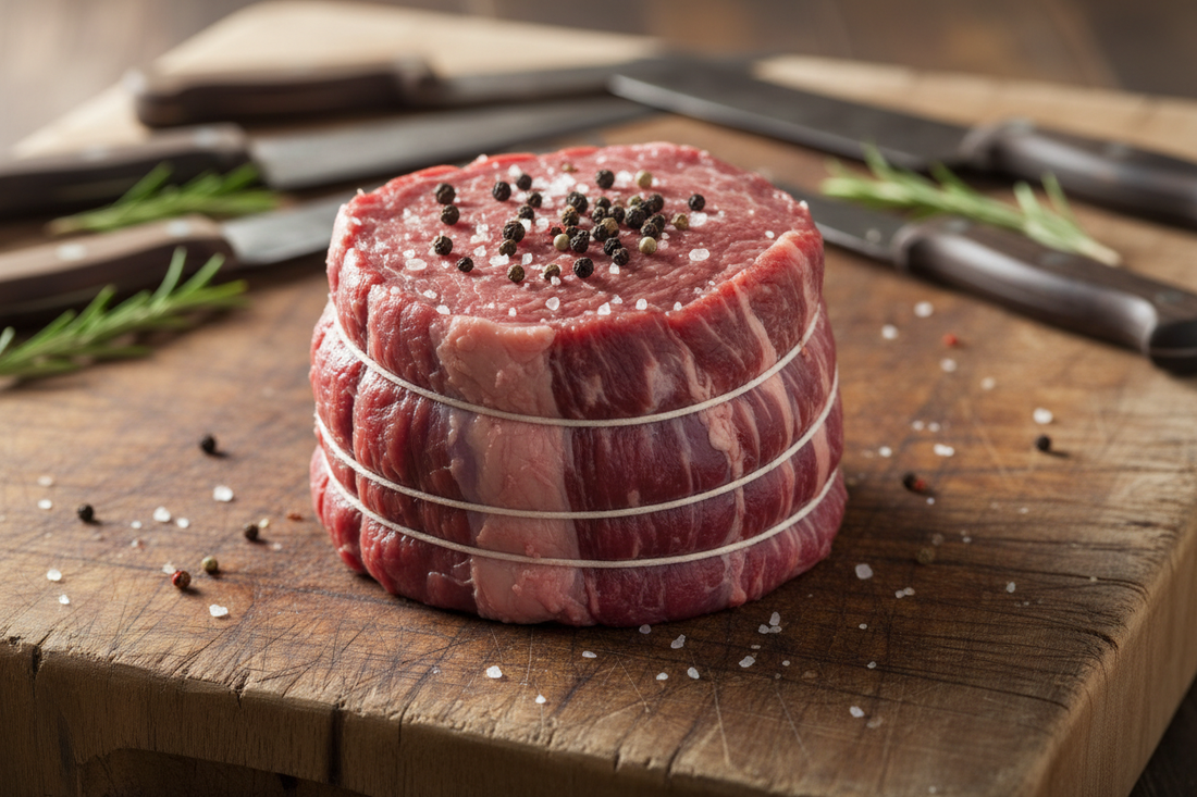 Eye Round Roast meat cuts raw tied with string on butcher block