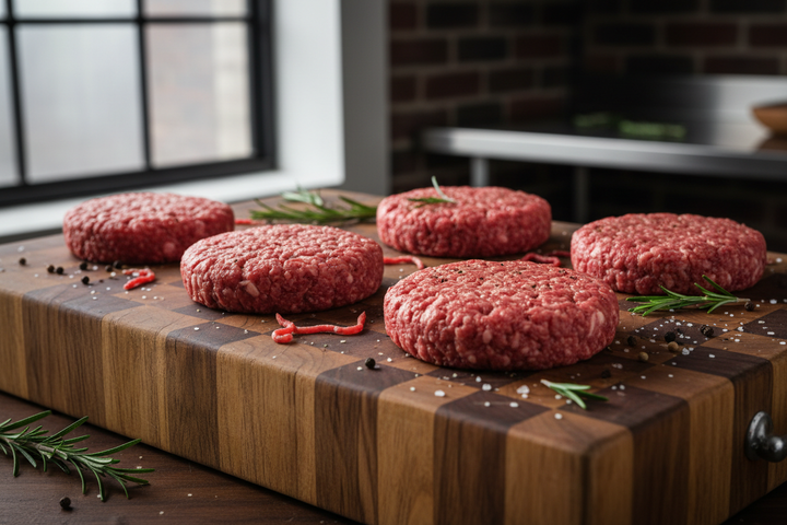 Ground Beef Patties raw on butcher block