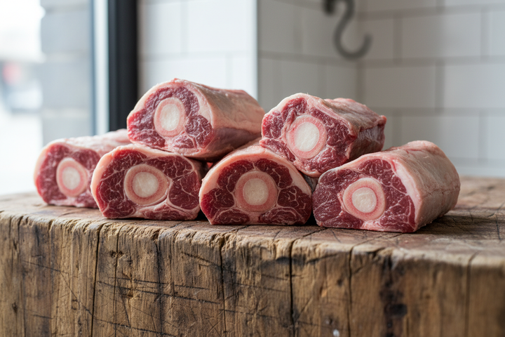 Oxtail cuts raw on butcher block