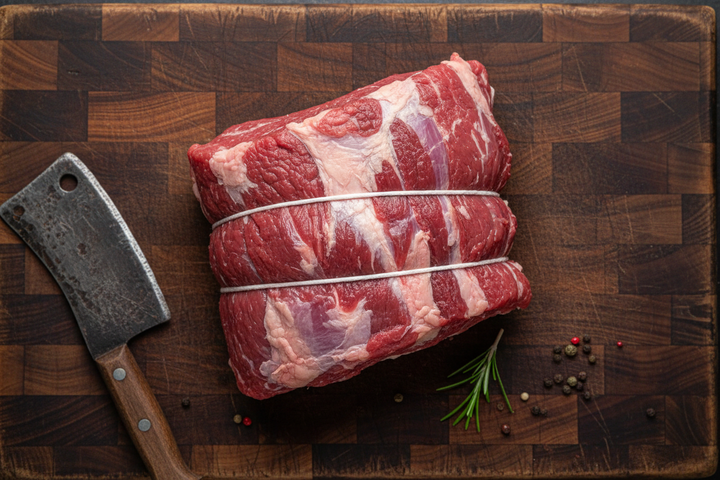 Rump Roast tied with two strings raw on butcher block not a roll