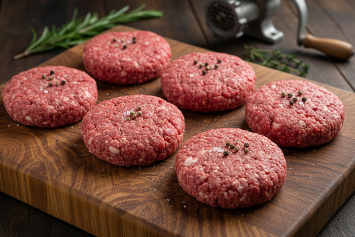 small Ground Beef Patties raw on butcher block