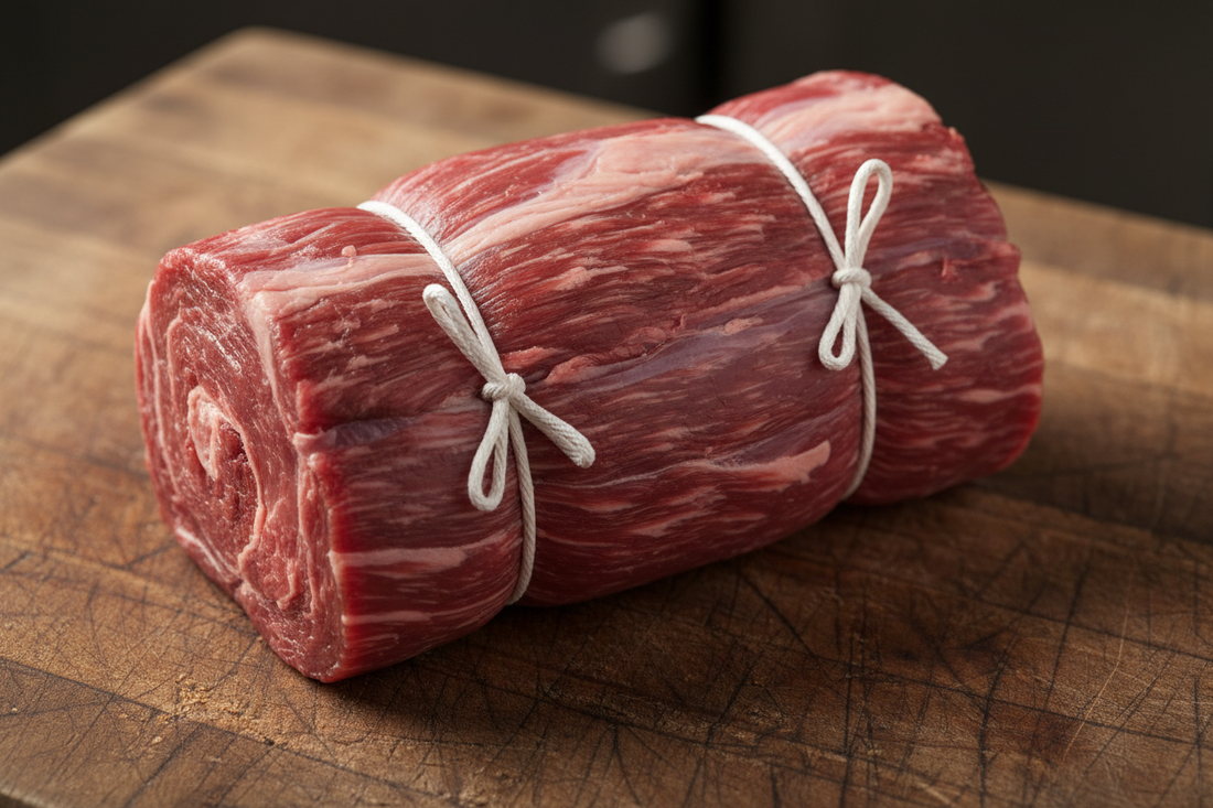 Steamship Bottom Round Roast with two strings raw on butcher block