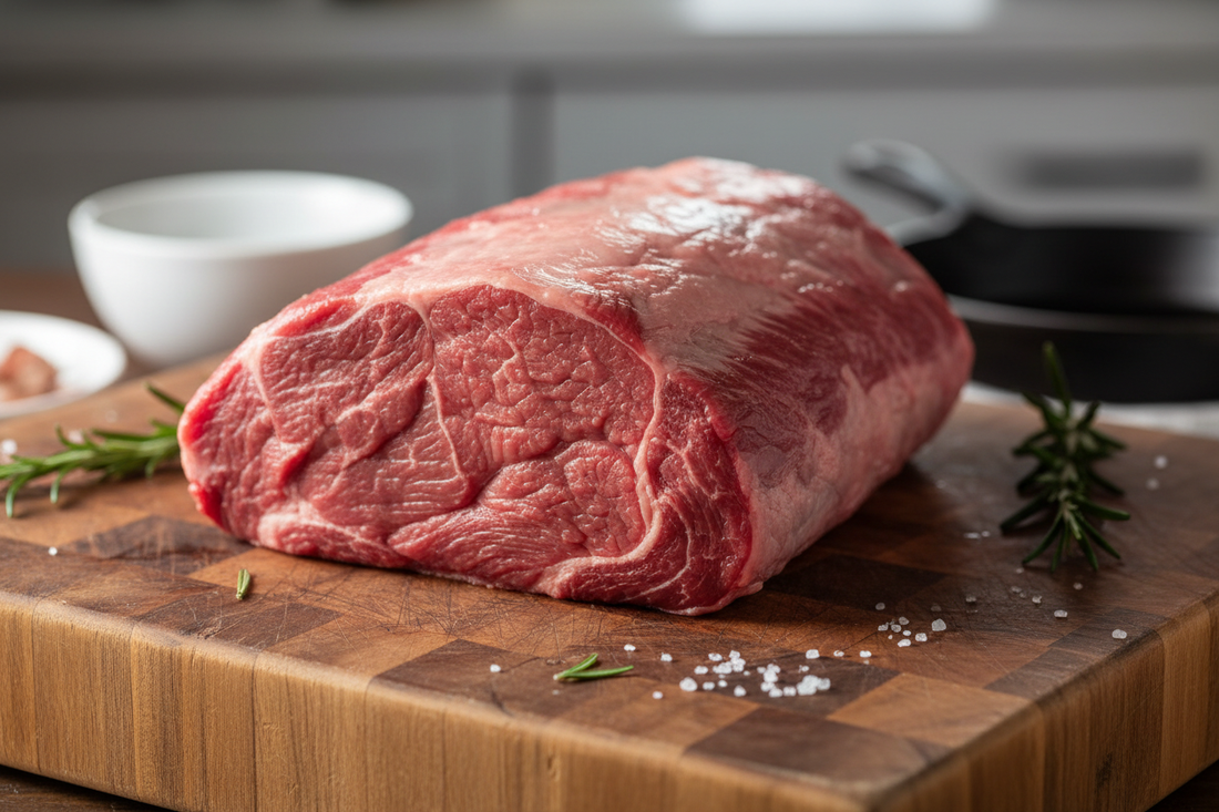 Top Round Roast meat cut raw on butcher block