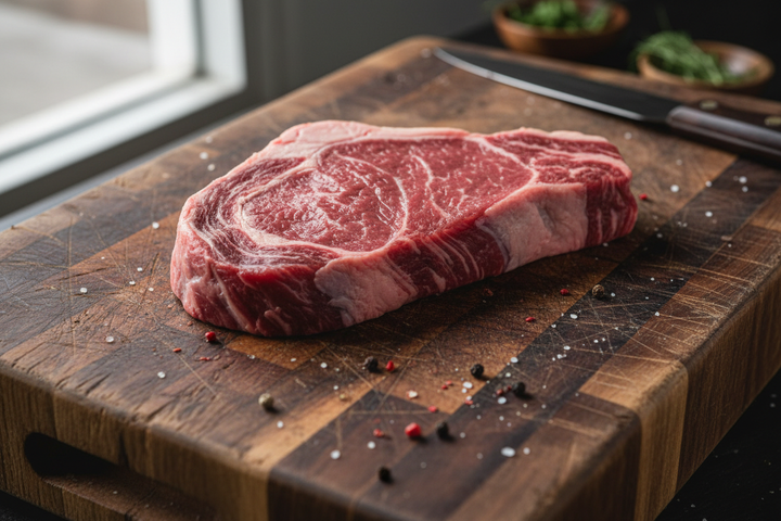 Tri Tip Steak raw on butcher block